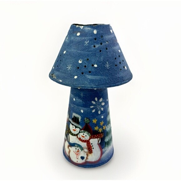 Vintage Christmas Lighthouse Candle Tea Light Snowman Winter Luminary Blue Metal - Picture 1 of 9